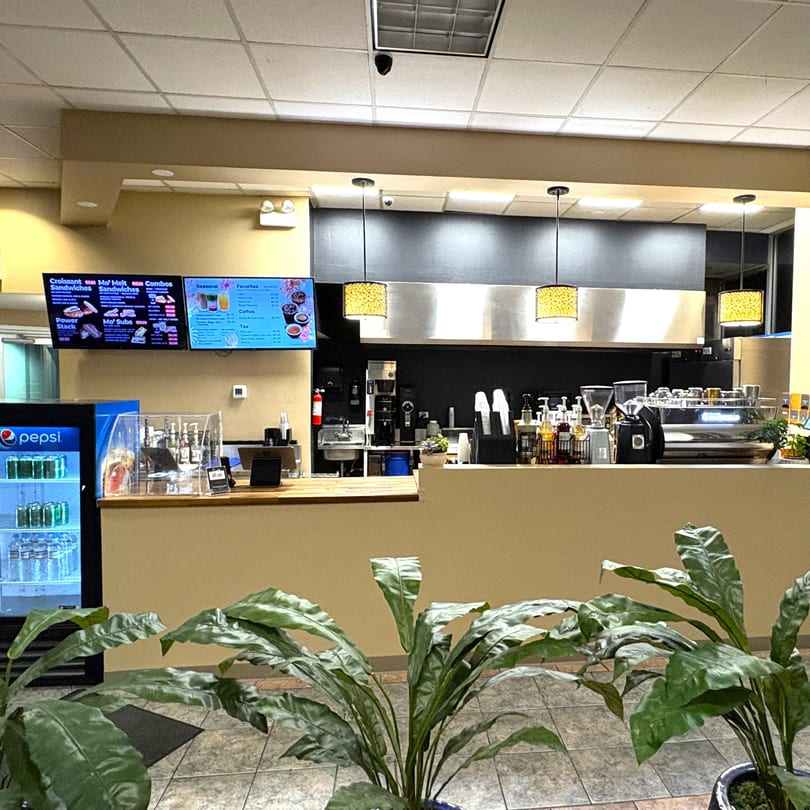 A cafe interior with a counter, menu screens, coffee machines, and potted plants in the foreground.