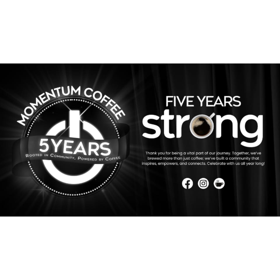 Momentum Coffee's "Five Years Strong" anniversary graphic with a coffee cup replacing the 'o' in strong.