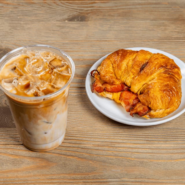 Iced Latte & Breakfast Croissant Sandwich.