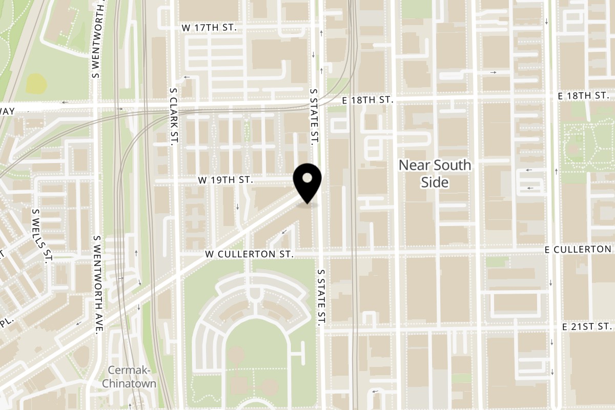 Map showing the location of Momentum Coffee on 1900 S State St in Chicago